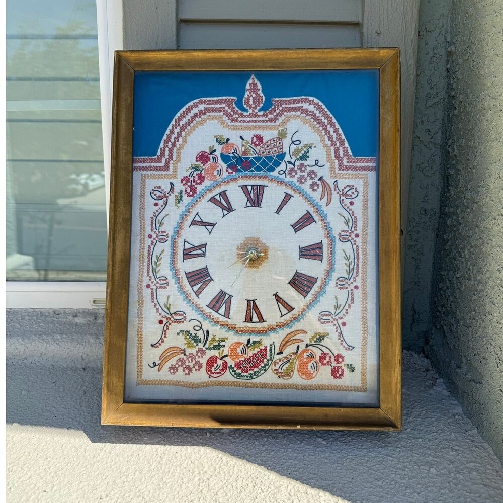 vintage fruit cross stitch clock DIY kit 60s 70s fruit in a blue bowl shadow box